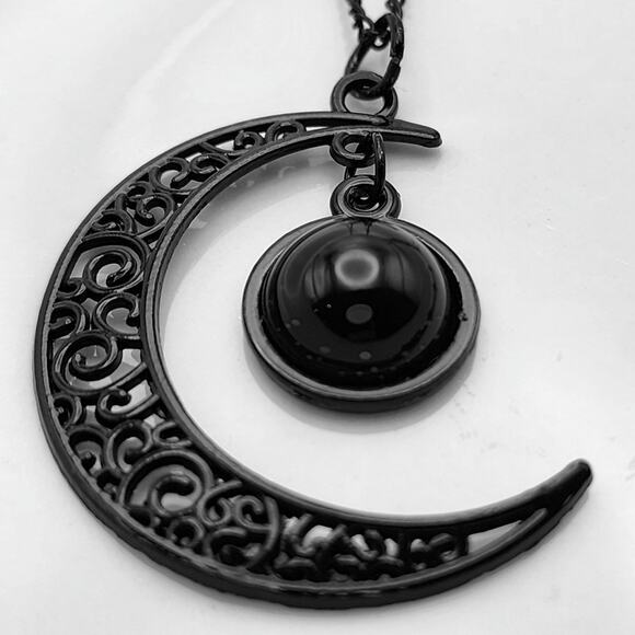 Black Crescent Moon & Orb Necklace - Picture 2 of 4